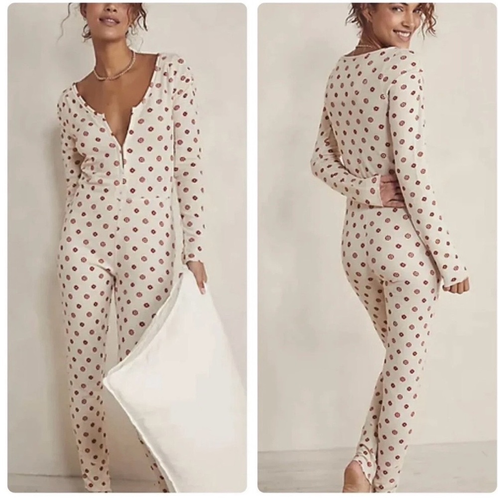 Free People Cream and Red Polka Dot Long John Lounge Wear Romper